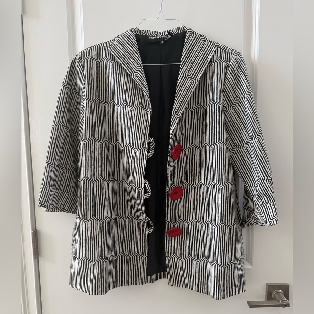 Vintage painted pony, black and white striped blazer with large red buttons